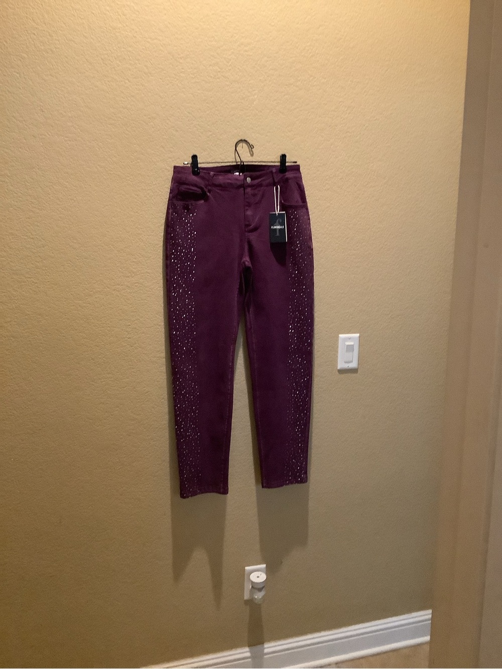 Flamingo Slim Rhinestone-Accent Women's Jeans in Plum - Picture 2 of 4
